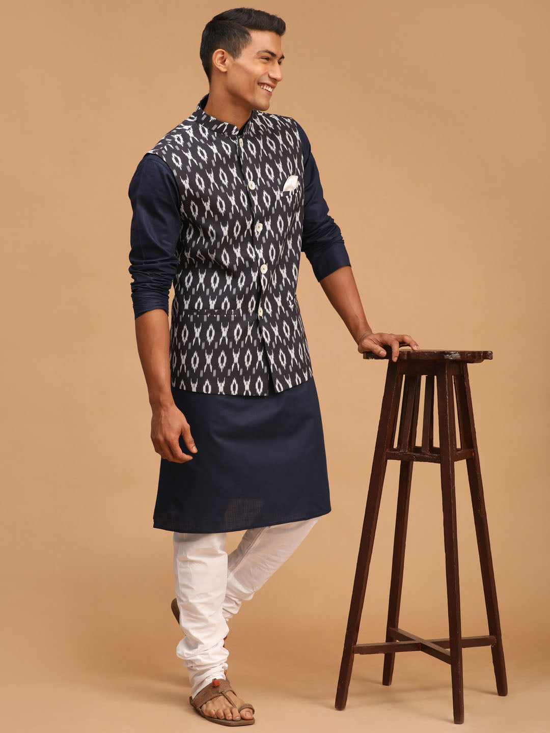 Men's Navy Blue, Black And White Cotton Blend Jacket, Kurta and Pyjama Set