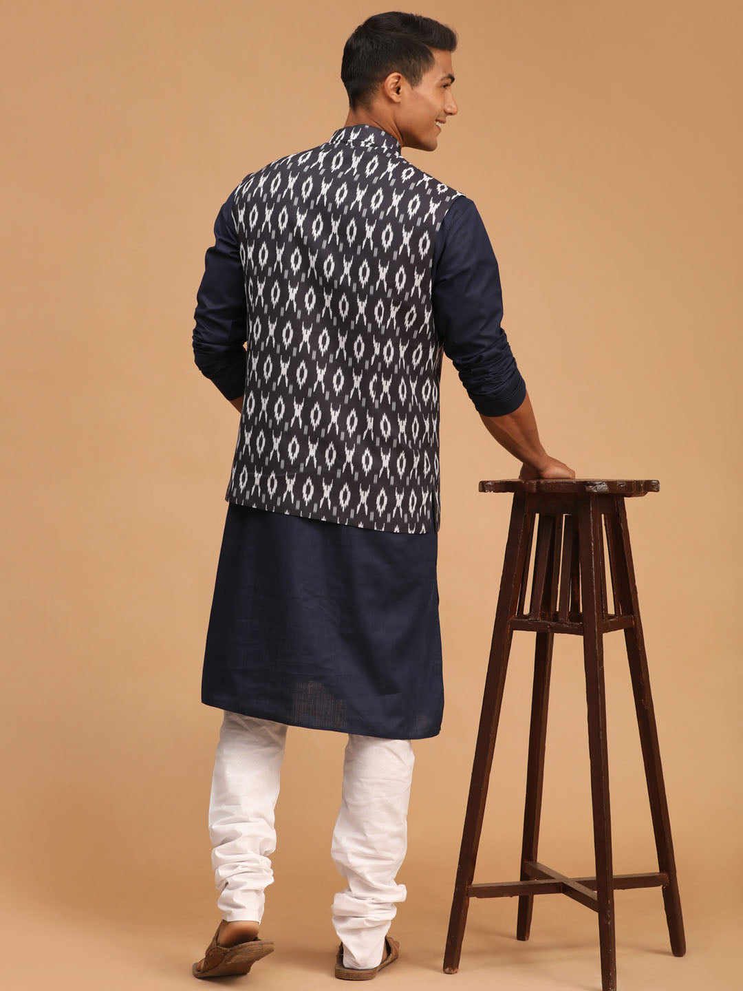 Men's Navy Blue, Black And White Cotton Blend Jacket, Kurta and Pyjama Set