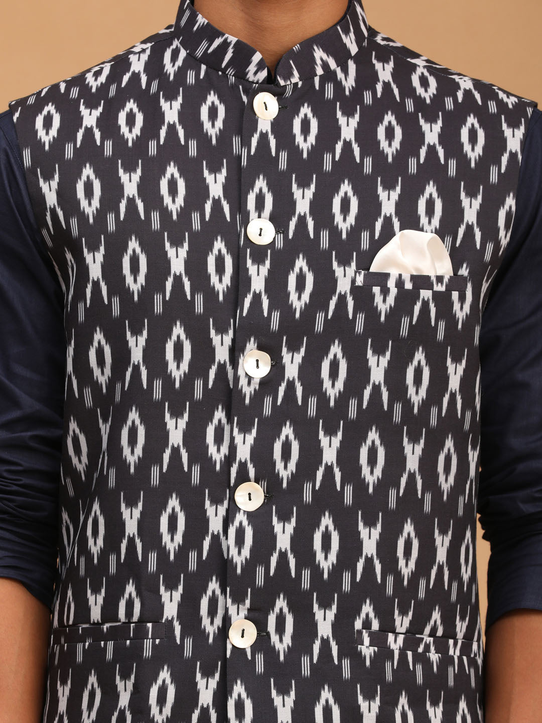 Men's Navy Blue, Black And White Cotton Blend Jacket, Kurta and Pyjama Set