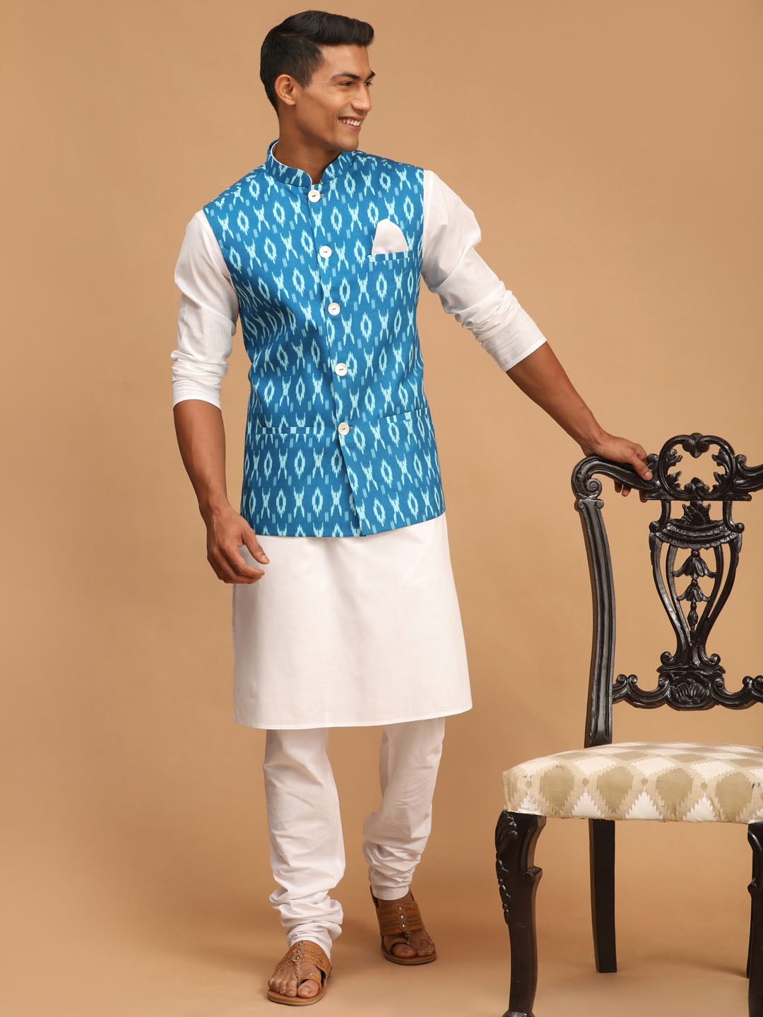 Men's Turquoise And White Cotton Blend Jacket, Kurta and Pyjama Set