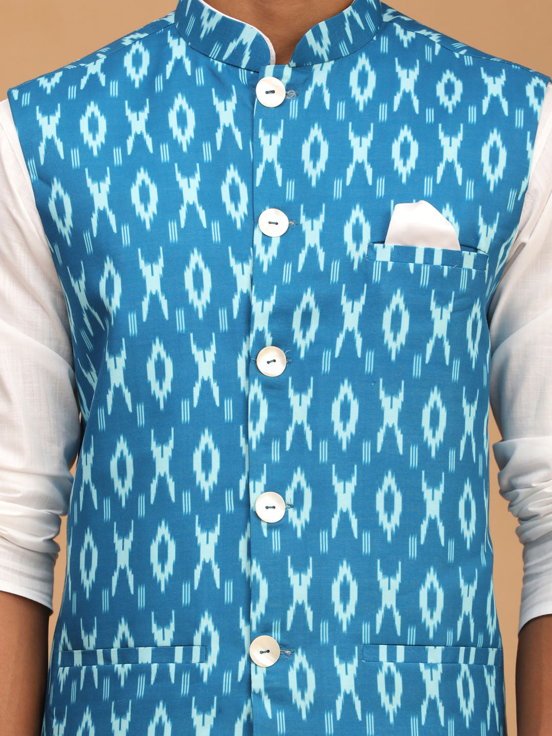 Men's Turquoise And White Cotton Blend Jacket, Kurta and Pyjama Set