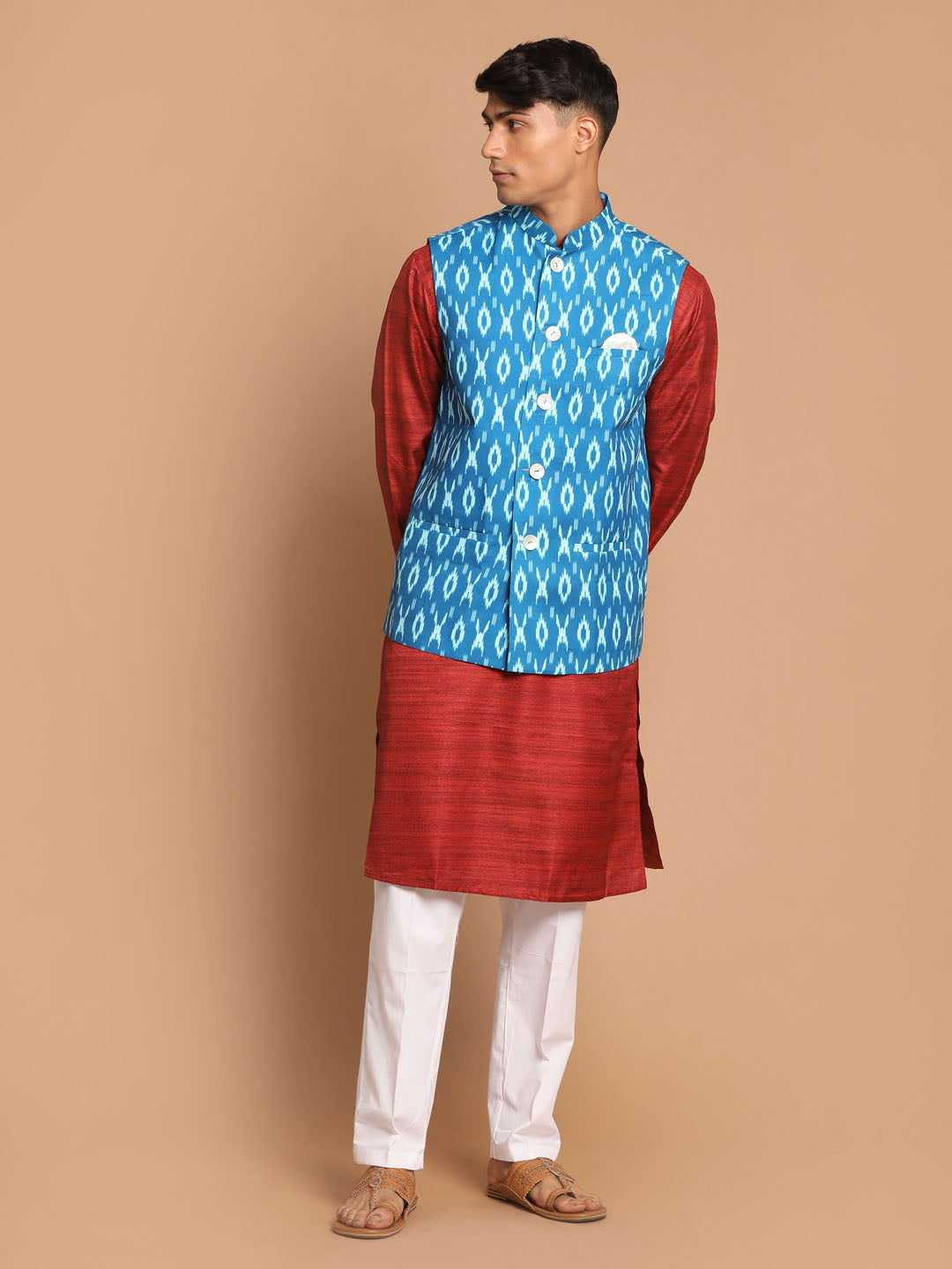 Men's Maroon, Turquoise And White Cotton Blend Jacket, Kurta and Pyjama Set