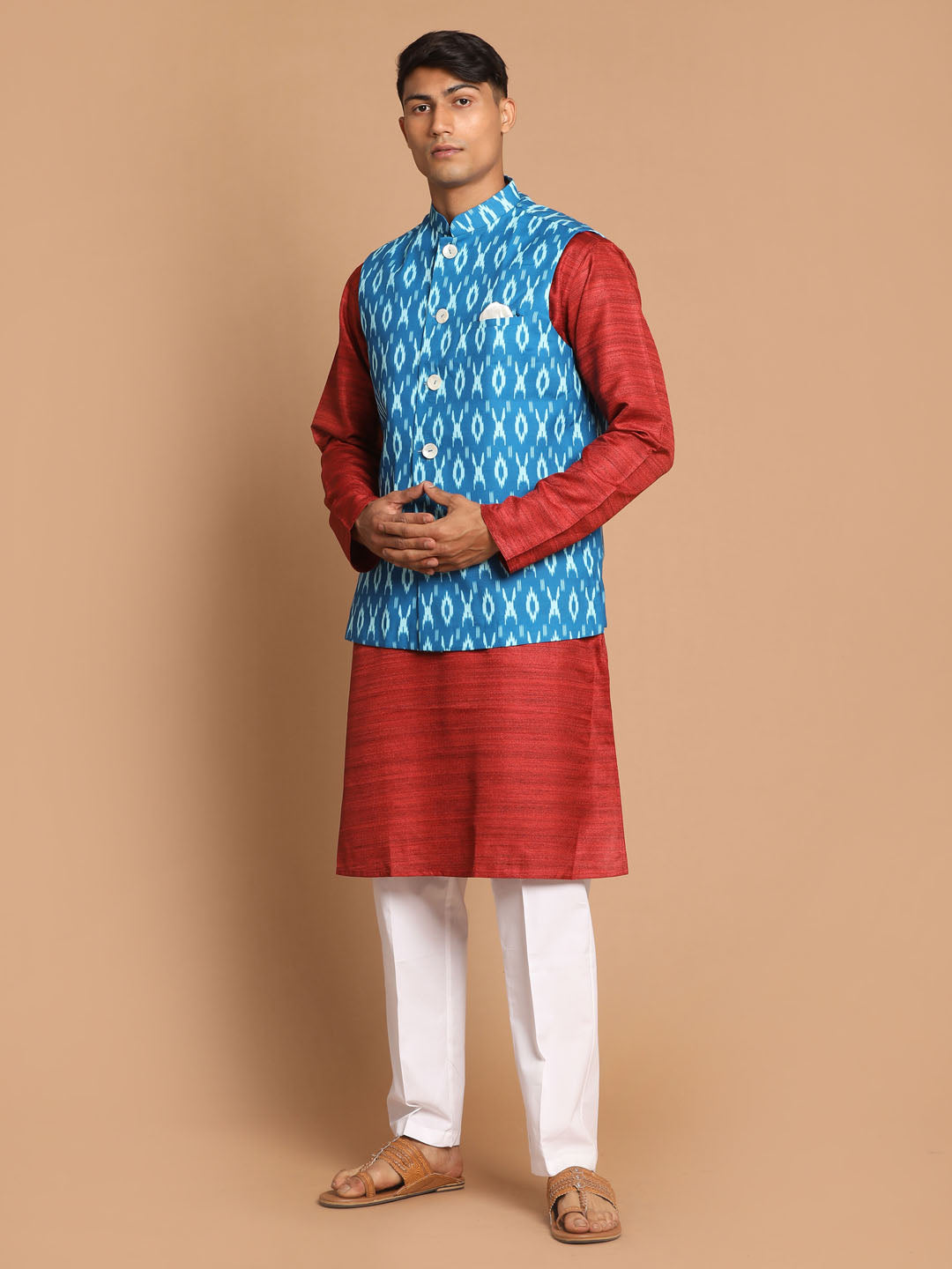 Men's Maroon, Turquoise And White Cotton Blend Jacket, Kurta and Pyjama Set