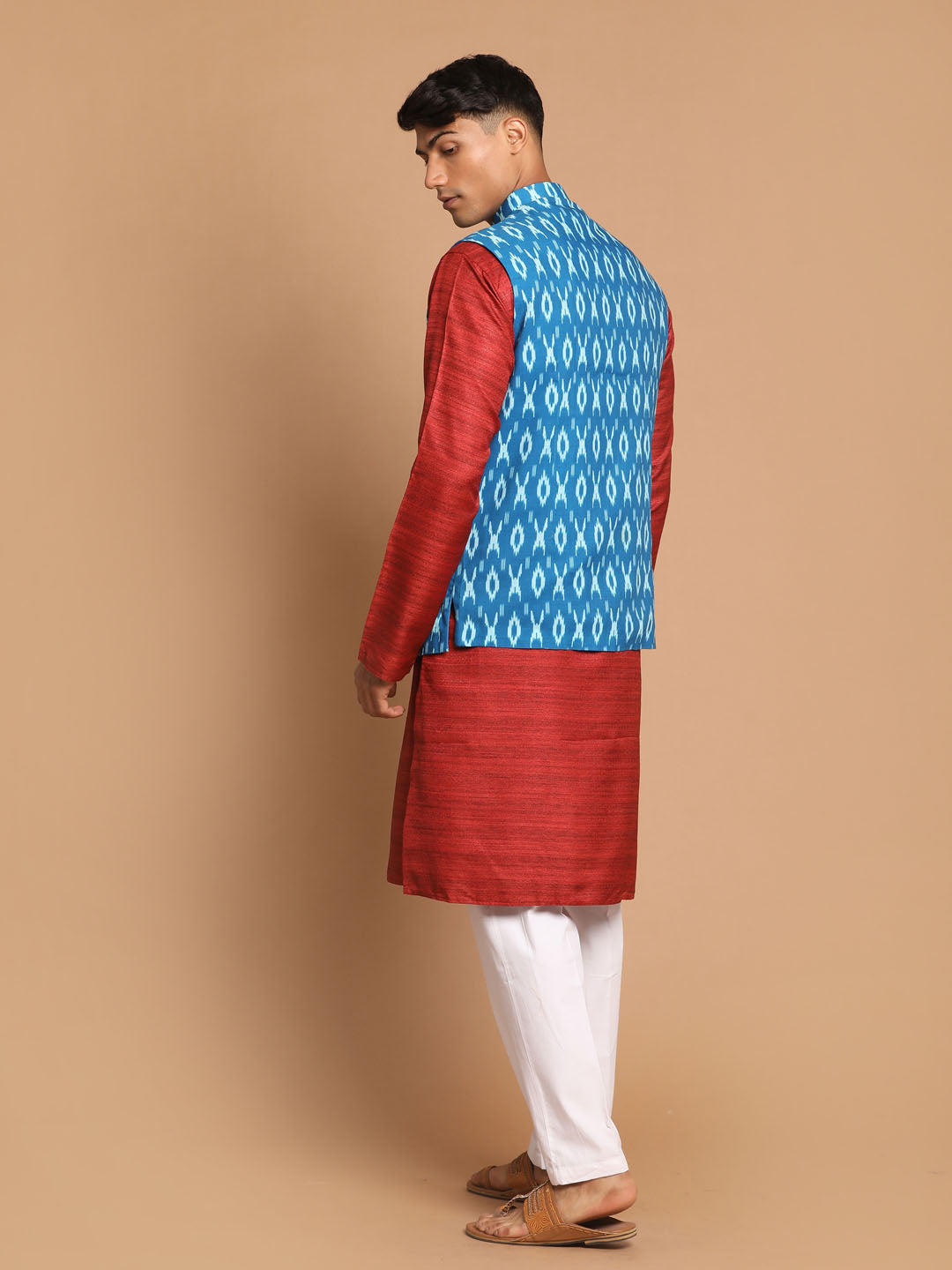 Men's Maroon, Turquoise And White Cotton Blend Jacket, Kurta and Pyjama Set