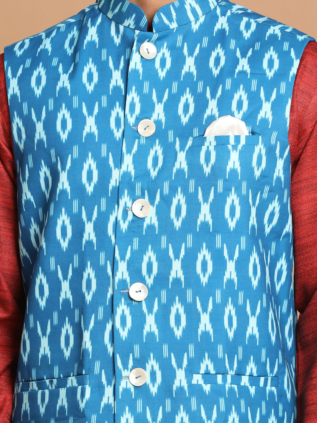 Men's Maroon, Turquoise And White Cotton Blend Jacket, Kurta and Pyjama Set