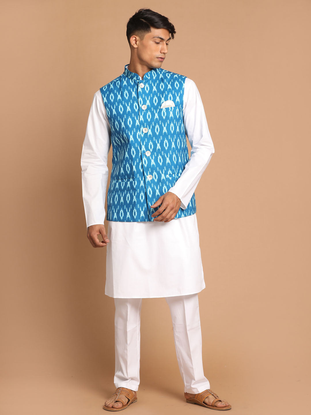 Men's Turquoise And White Pure Cotton Jacket, Kurta and Pyjama Set