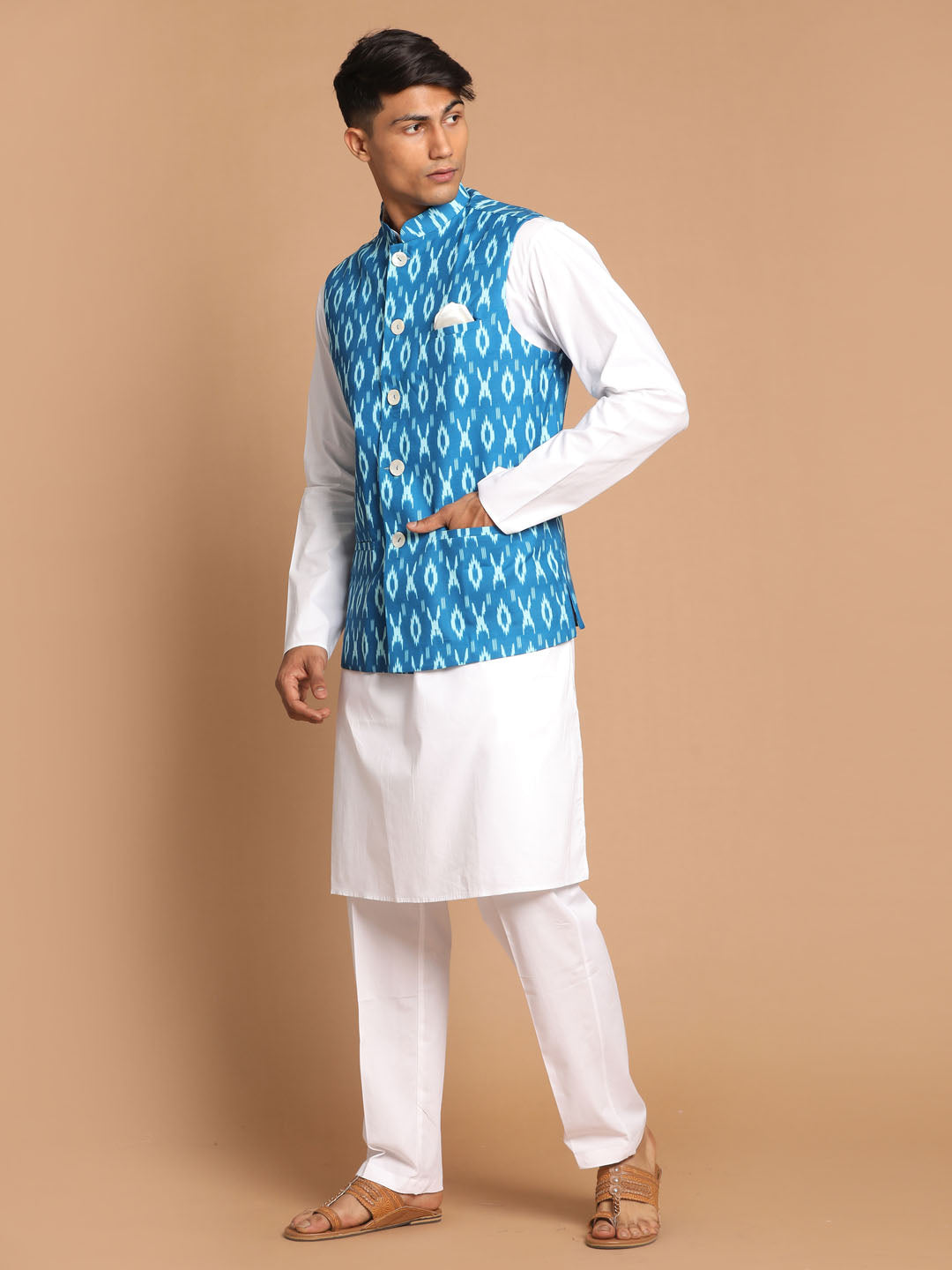 Men's Turquoise And White Pure Cotton Jacket, Kurta and Pyjama Set