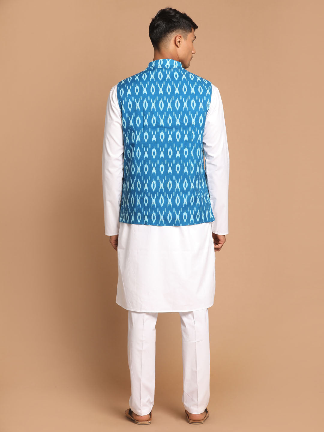 Men's Turquoise And White Pure Cotton Jacket, Kurta and Pyjama Set