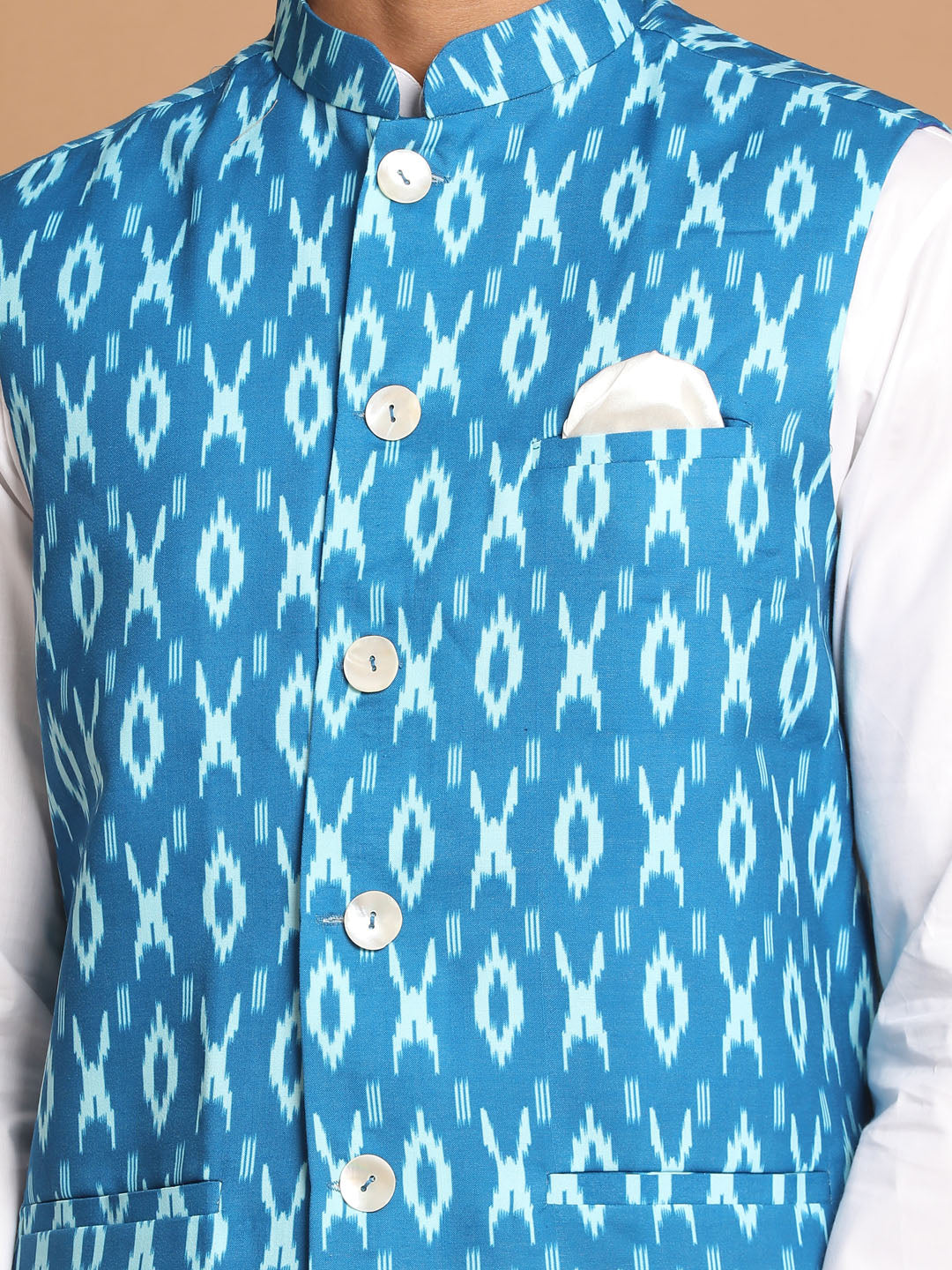 Men's Turquoise And White Pure Cotton Jacket, Kurta and Pyjama Set