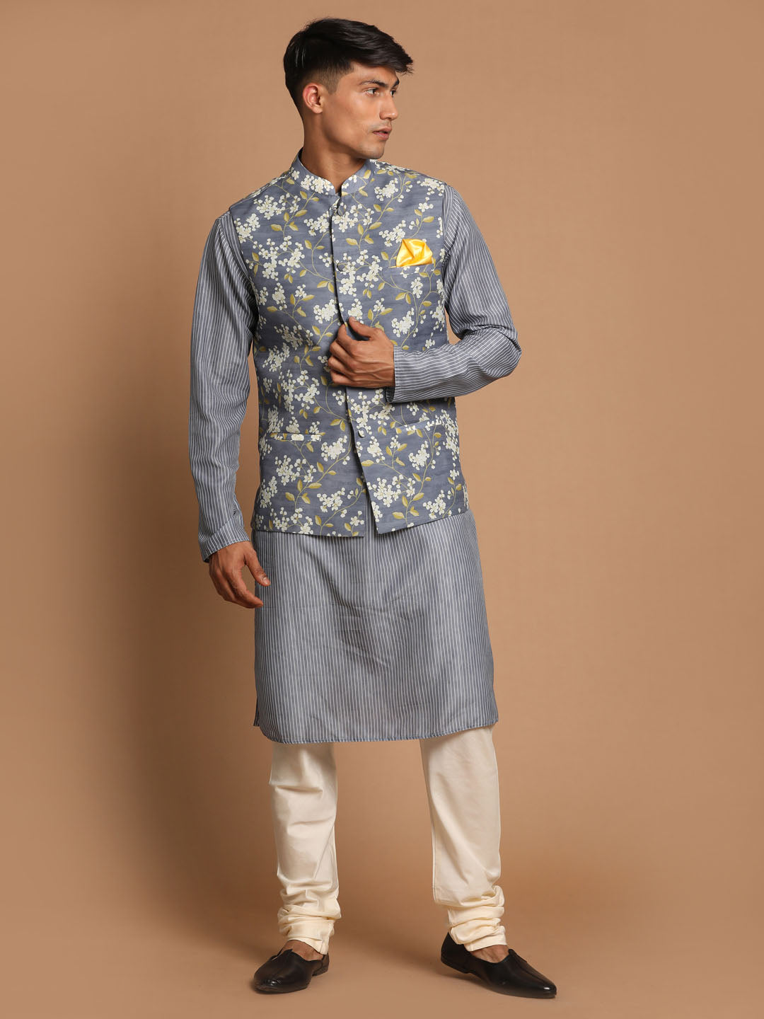 Men's Grey And Cream Cotton Blend Jacket, Kurta and Pyjama Set