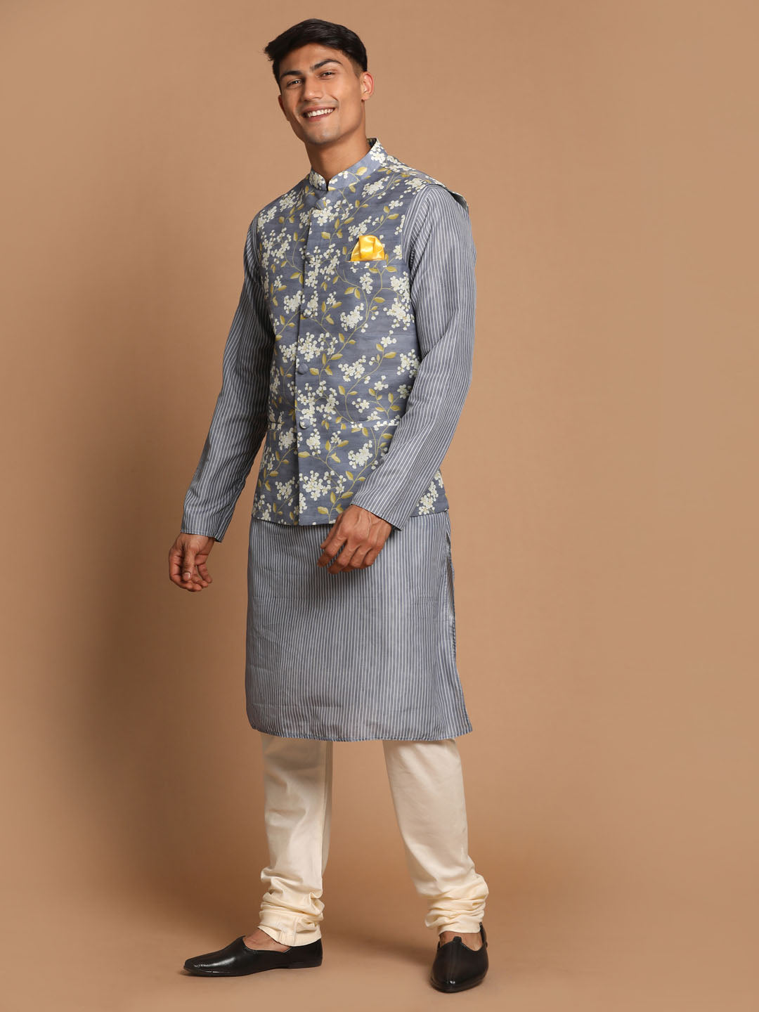 Men's Grey And Cream Cotton Blend Jacket, Kurta and Pyjama Set