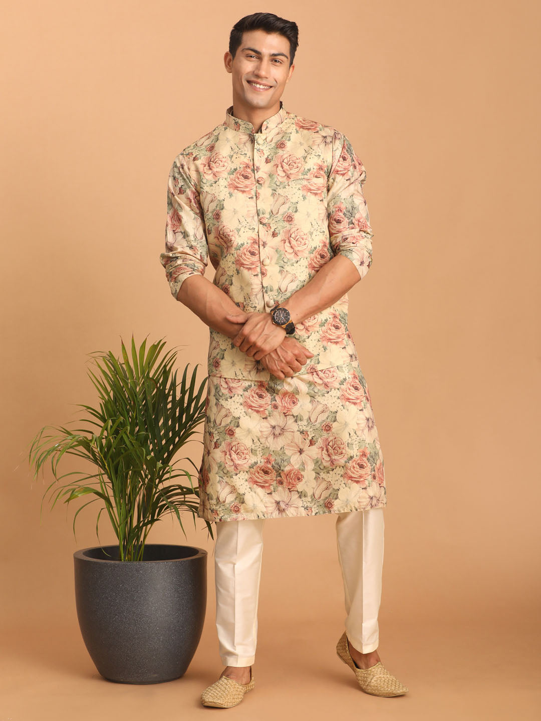 Men's Multicolor Cream Base Silk Blend Jacket, Kurta and Pyjama Set