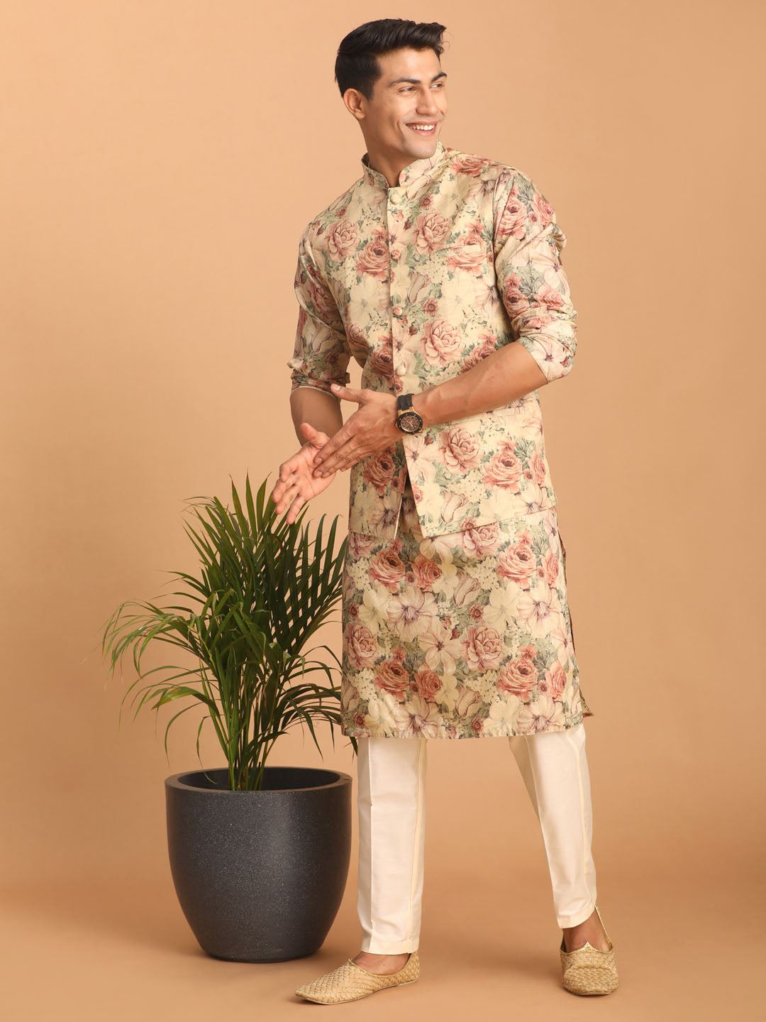 Men's Multicolor Cream Base Silk Blend Jacket, Kurta and Pyjama Set