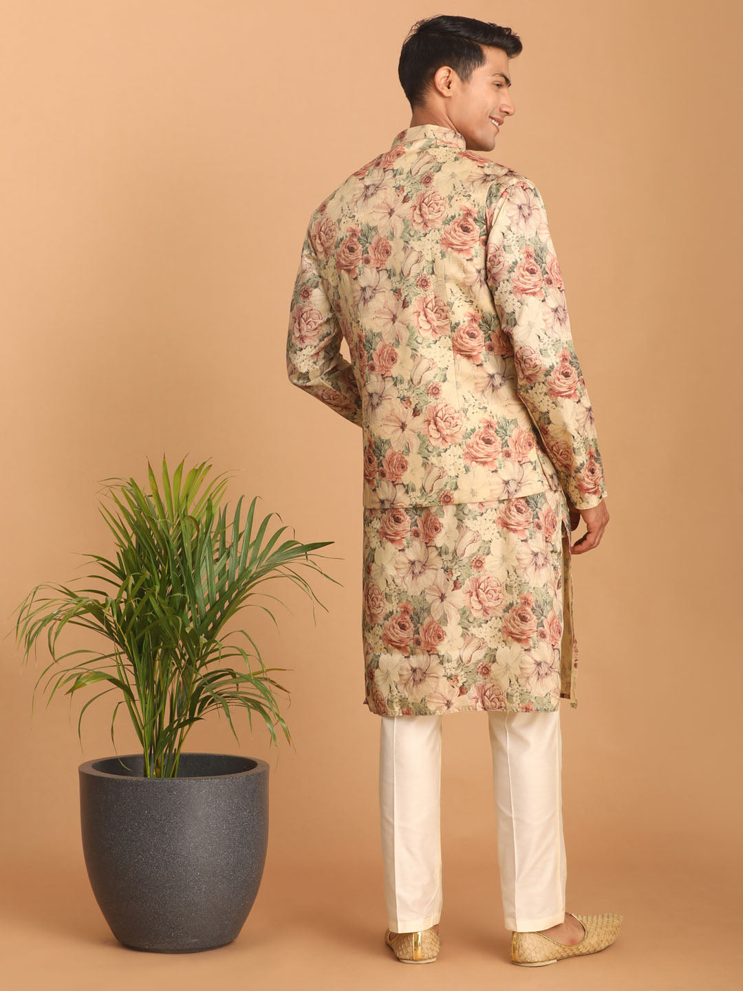 Men's Multicolor Cream Base Silk Blend Jacket, Kurta and Pyjama Set