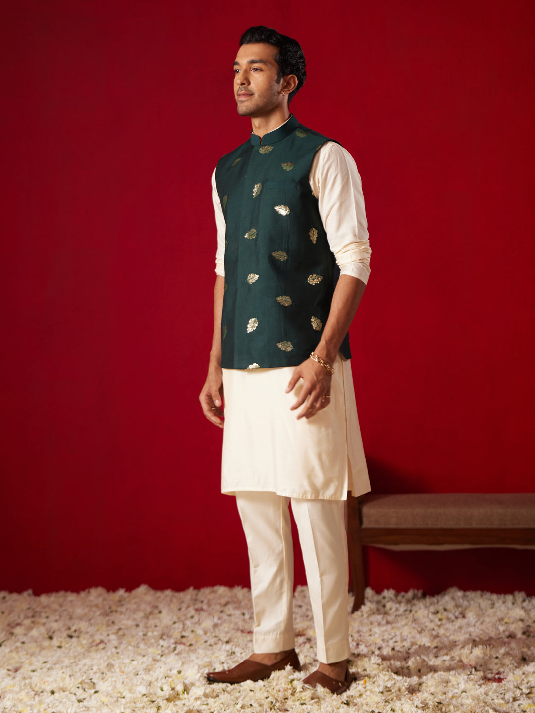 Men's Cream Viscose Jacket, Kurta and Pyjama Set