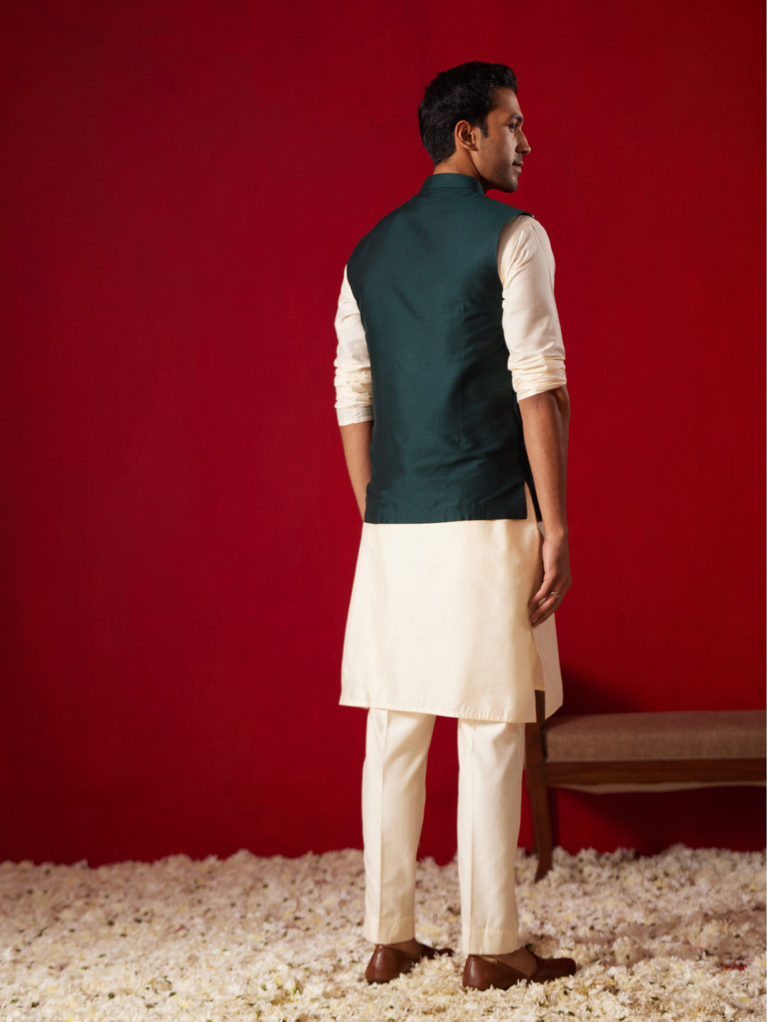 Men's Cream Viscose Jacket, Kurta and Pyjama Set