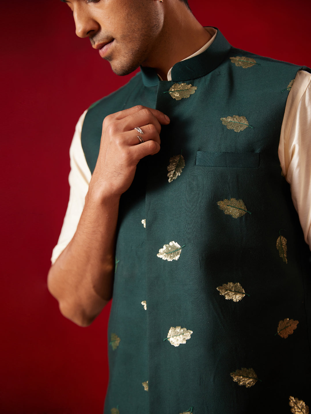 Men's Cream Viscose Jacket, Kurta and Pyjama Set