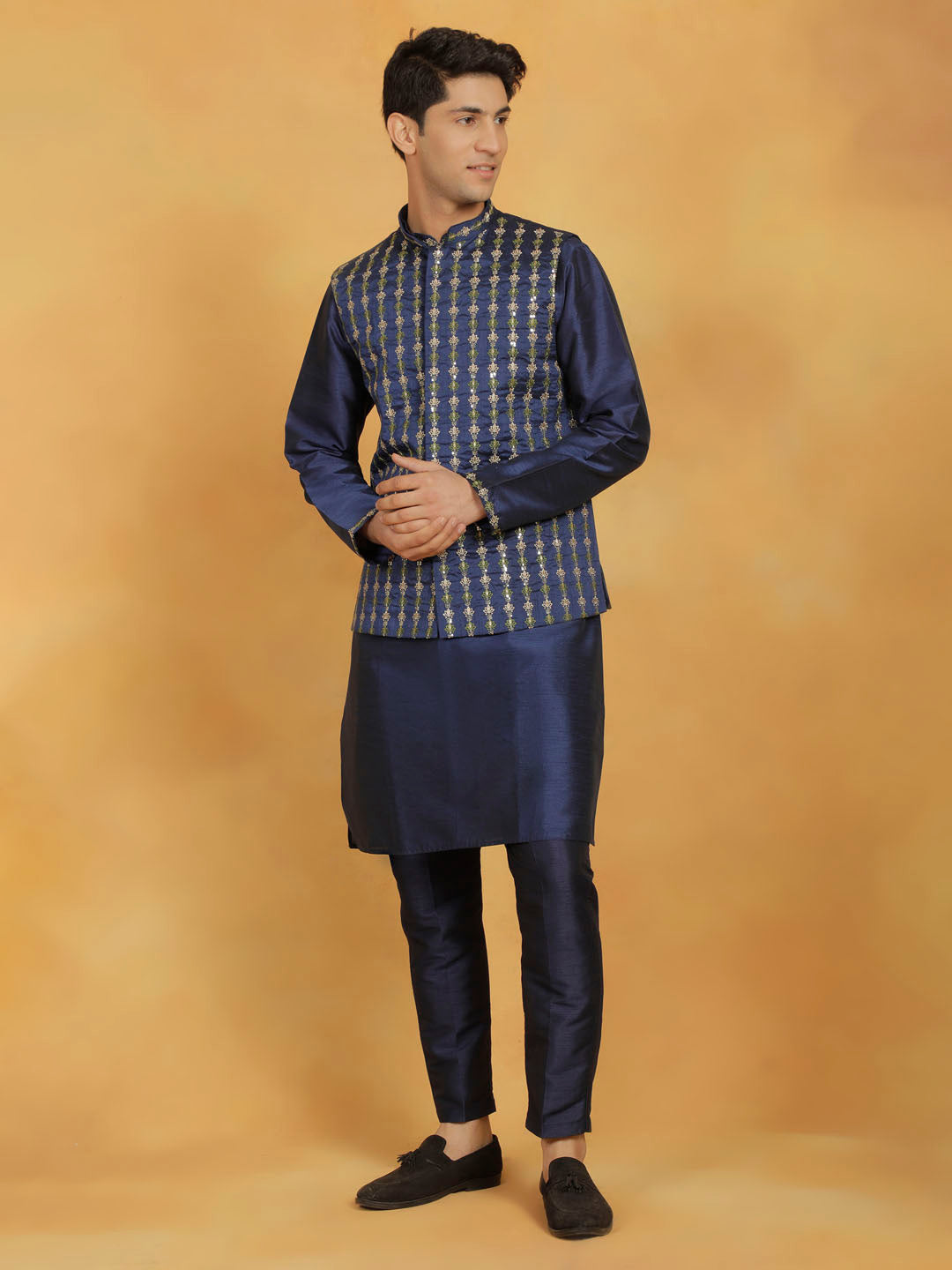 Men's Navy Blue Dupion Silk Kurta Pyjama Set