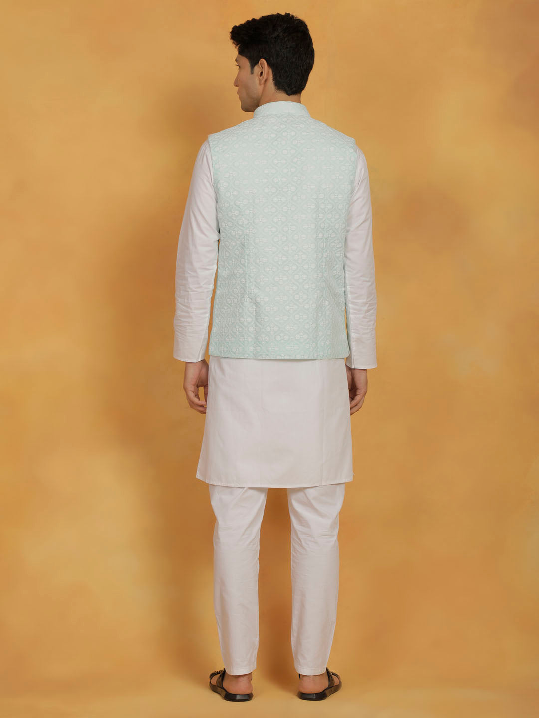 Men's White And Green Cotton Silk Jacket, Kurta and Pyjama Set