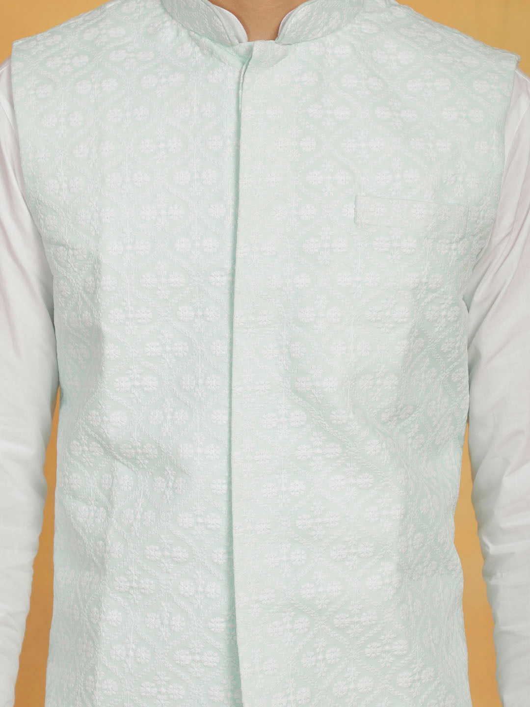 Men's White And Green Cotton Silk Jacket, Kurta and Pyjama Set