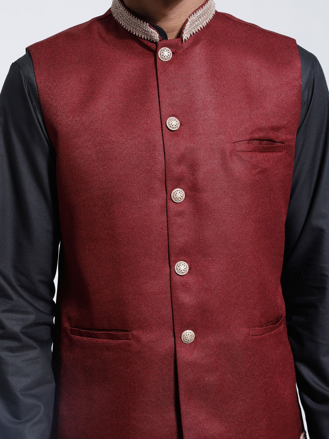 Men's Maroon And Black Cotton Silk Jacket, Kurta and Pyjama Set