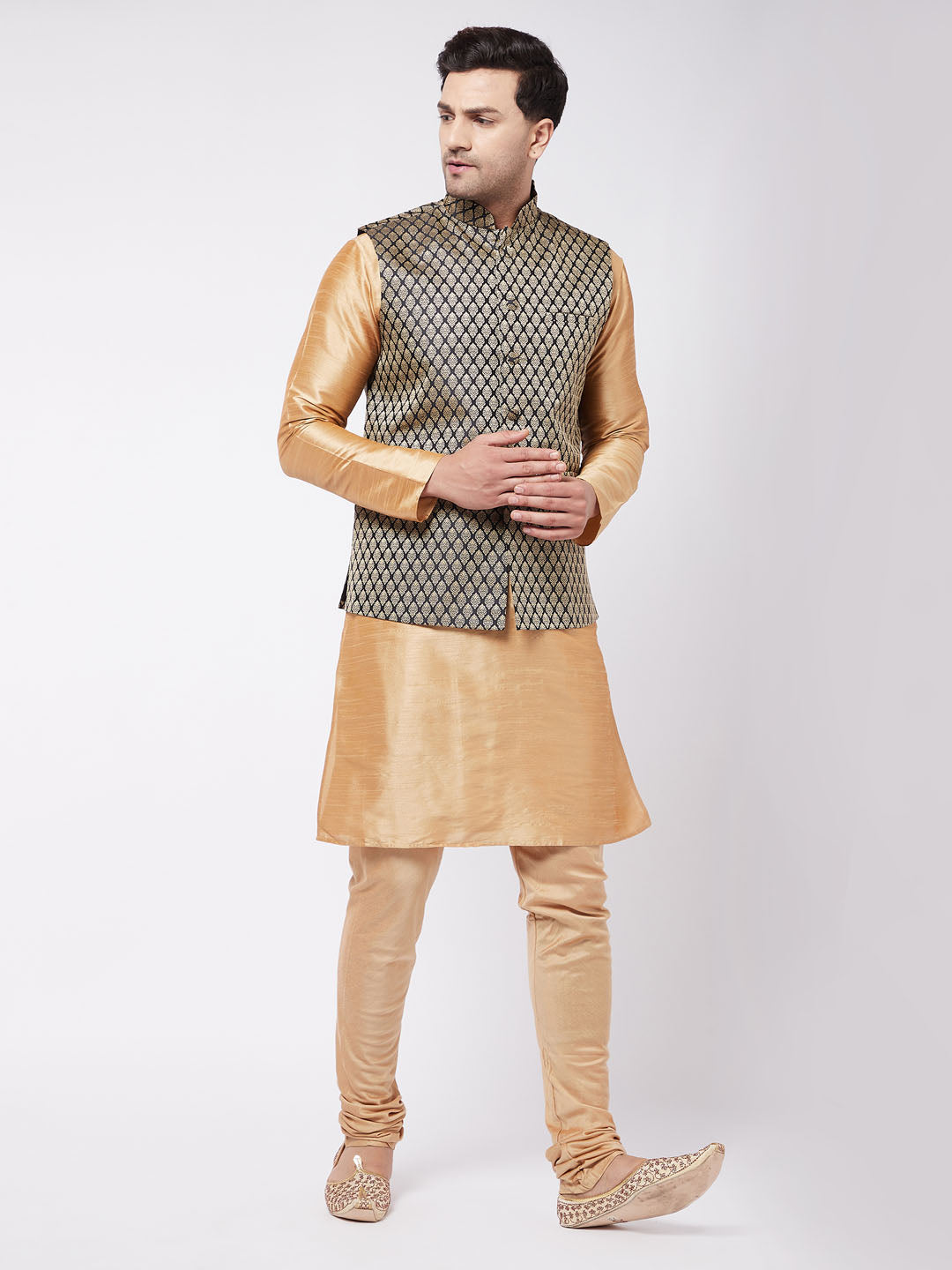 Men's Rose Gold Silk Blend Jacket, Kurta and Pyjama Set