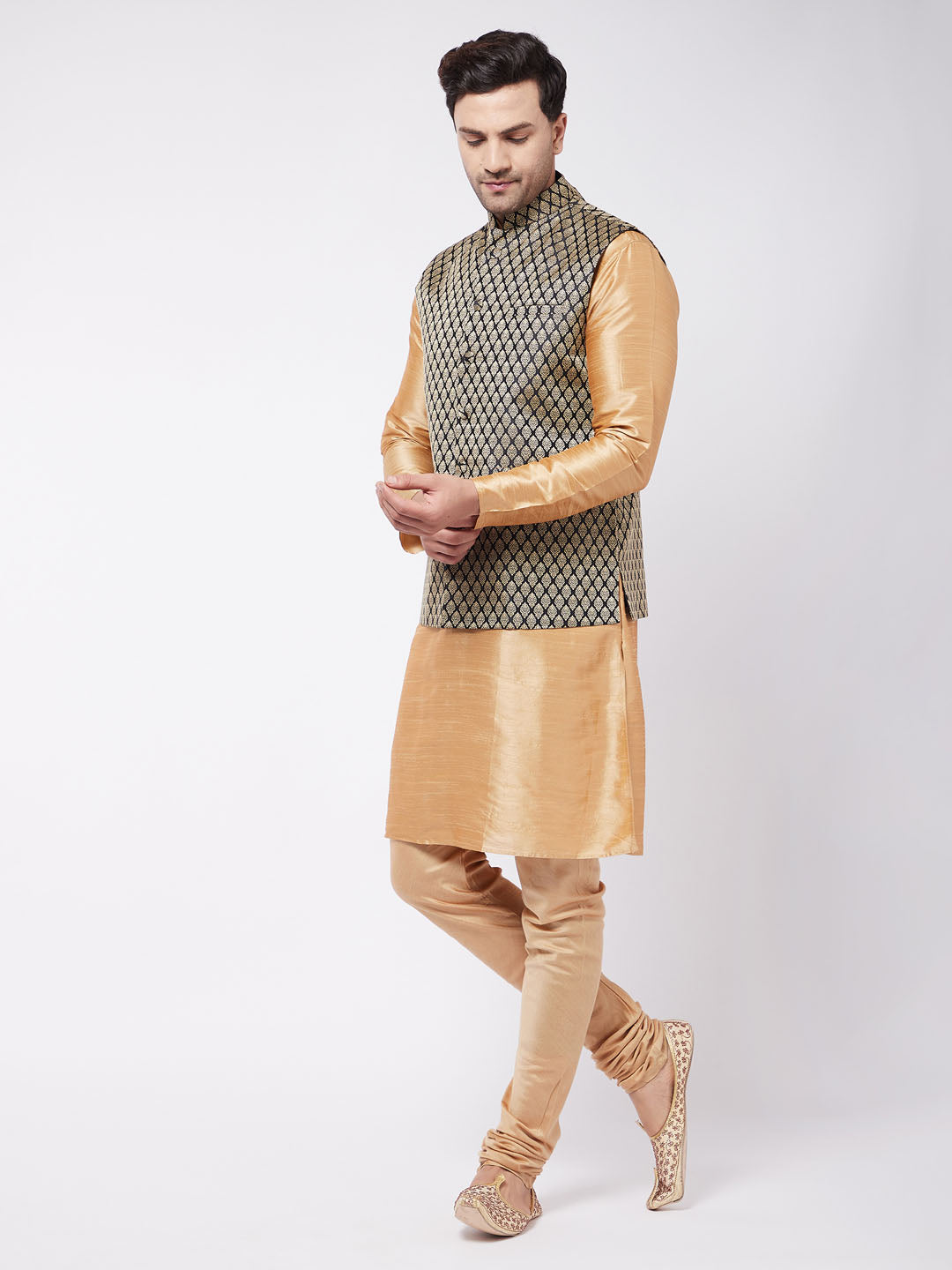 Men's Rose Gold Silk Blend Jacket, Kurta and Pyjama Set