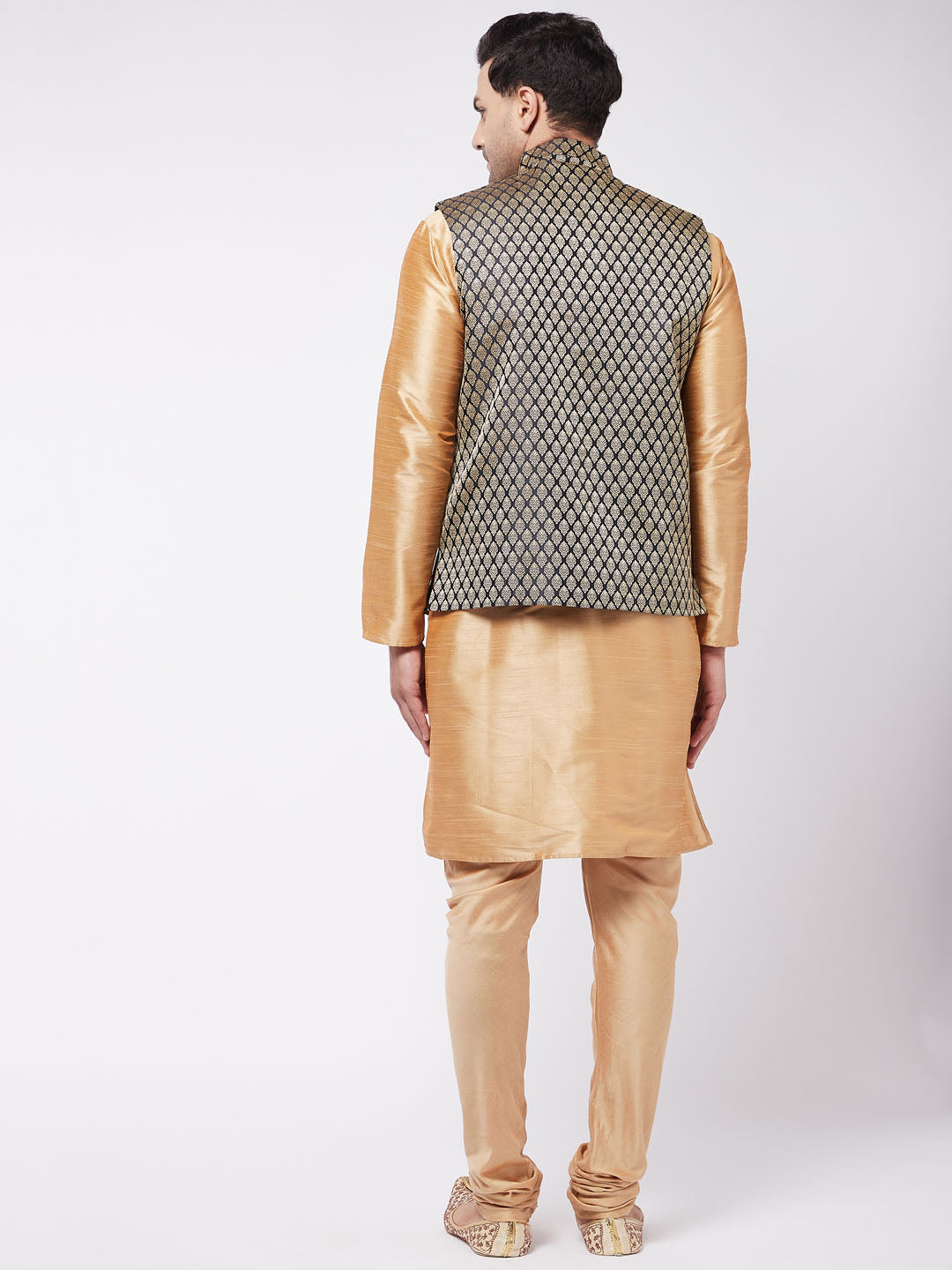 Men's Rose Gold Silk Blend Jacket, Kurta and Pyjama Set