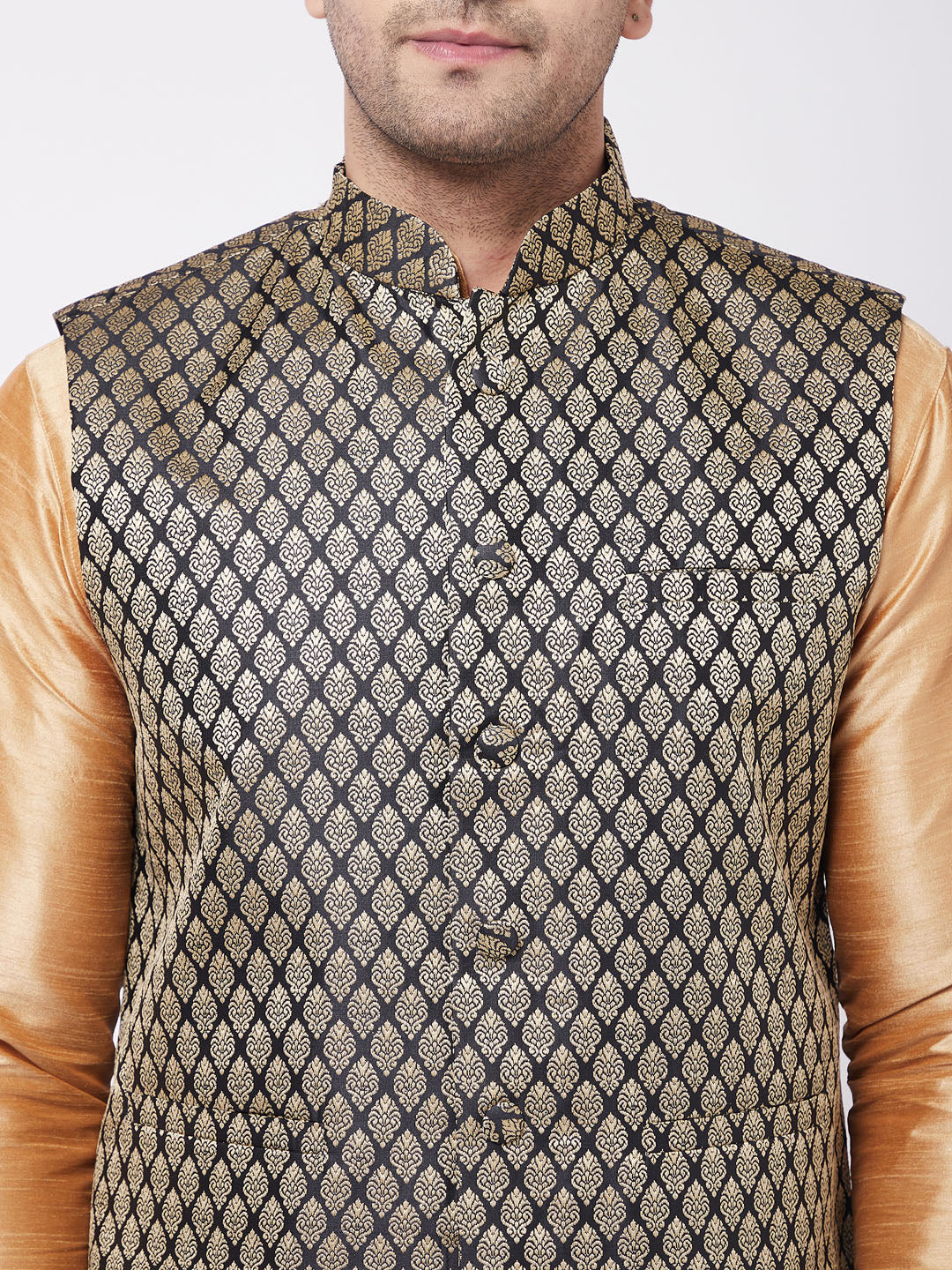 Men's Rose Gold Silk Blend Jacket, Kurta and Pyjama Set