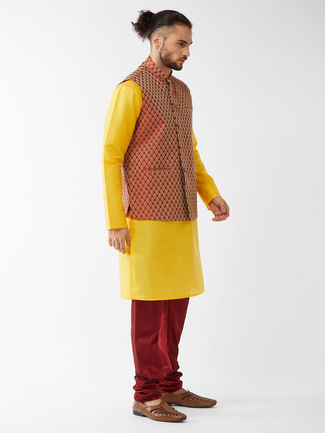 Men's Yellow And Maroon Silk Blend Jacket, Kurta and Pyjama Set