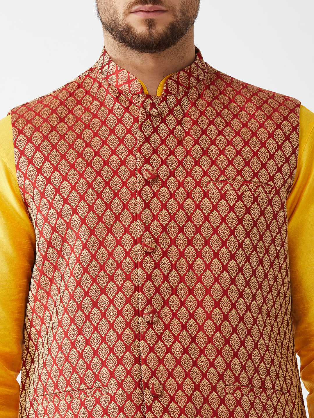 Men's Yellow And Maroon Silk Blend Jacket, Kurta and Pyjama Set