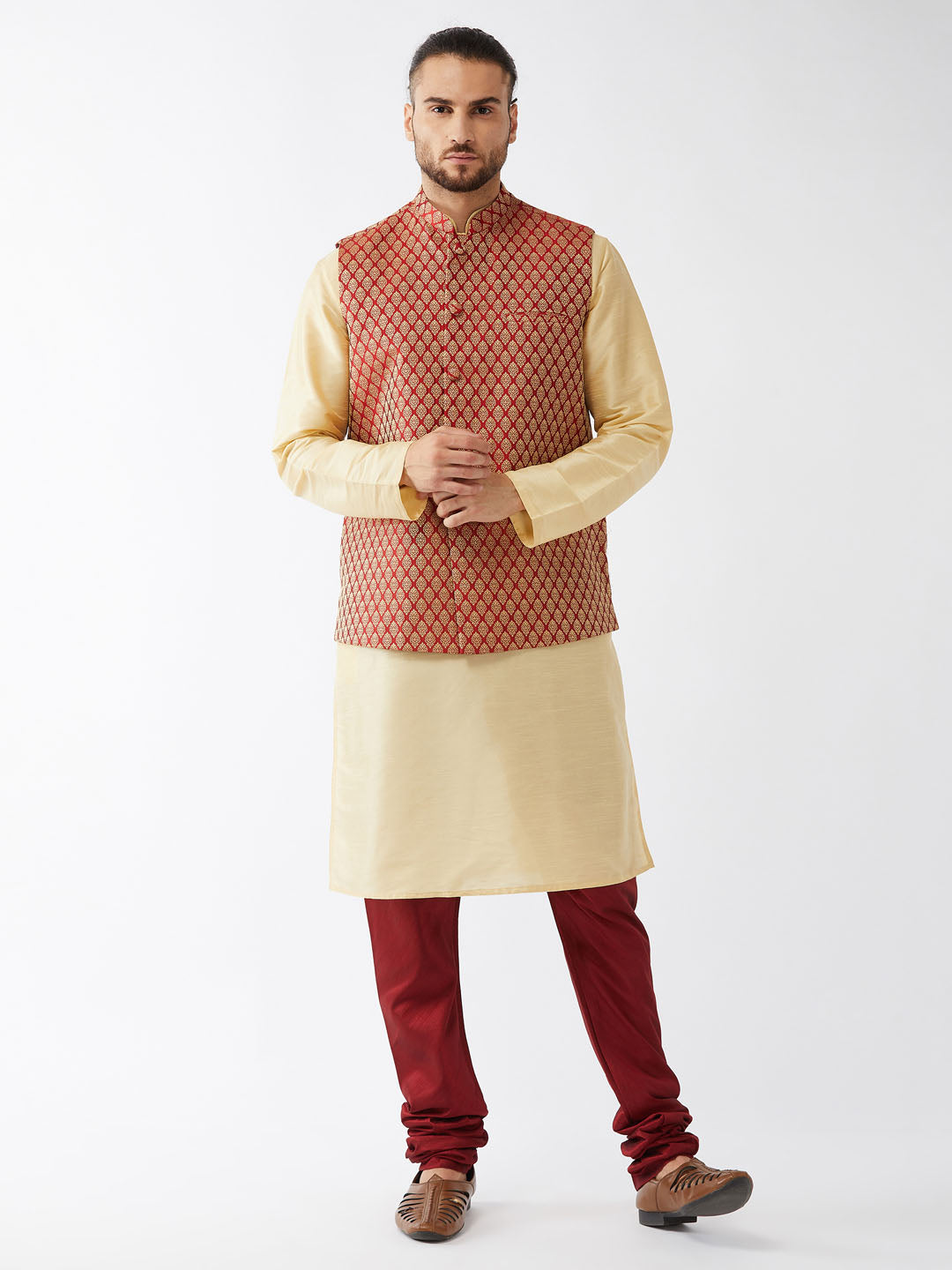 Men's Gold And Maroon Silk Blend Jacket, Kurta and Pyjama Set