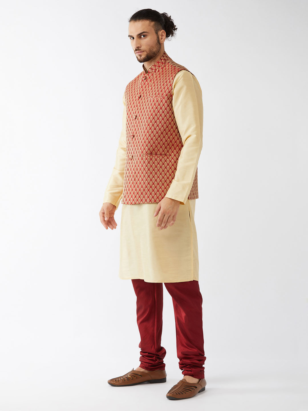 Men's Gold And Maroon Silk Blend Jacket, Kurta and Pyjama Set