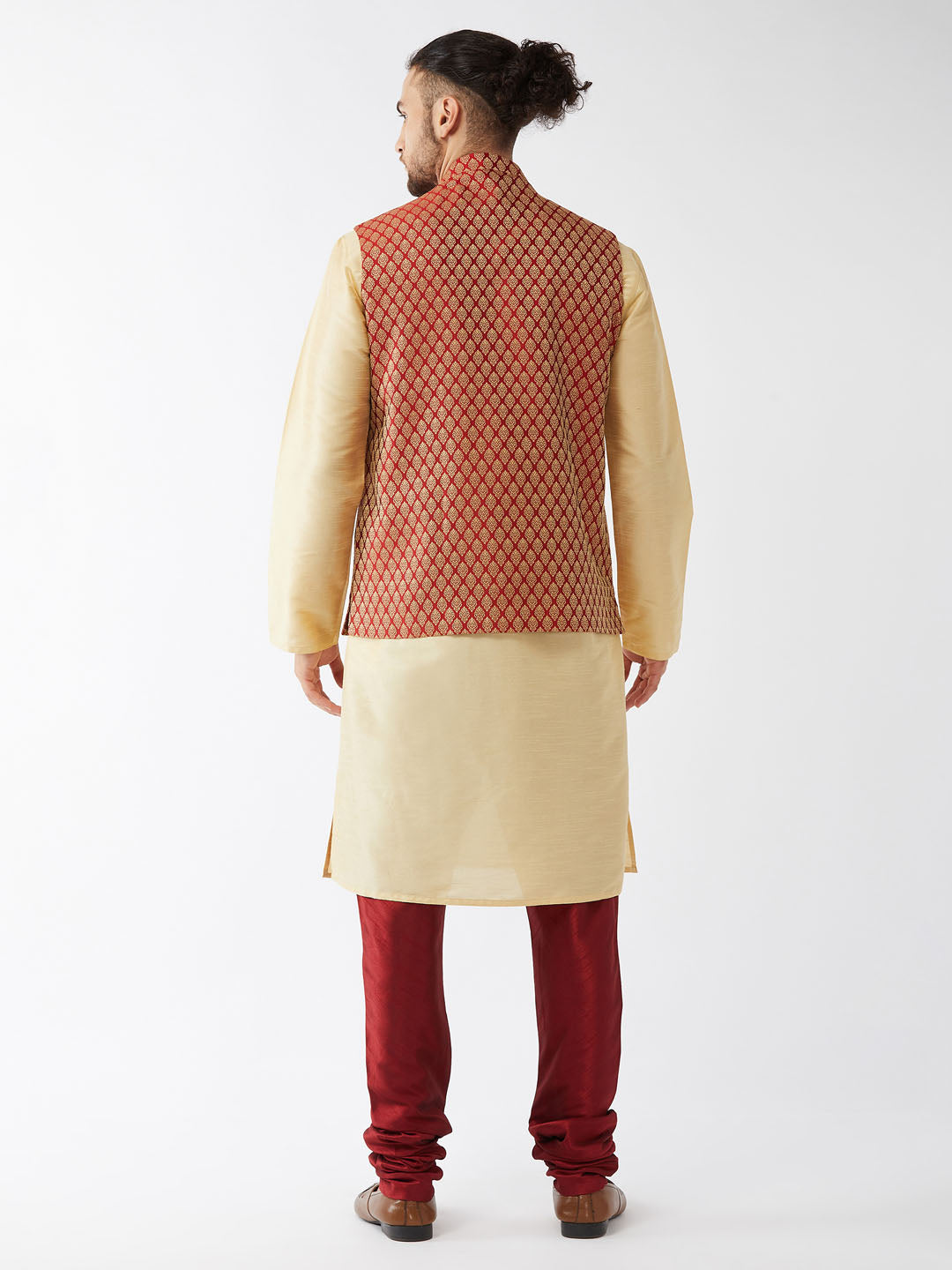 Men's Gold And Maroon Silk Blend Jacket, Kurta and Pyjama Set