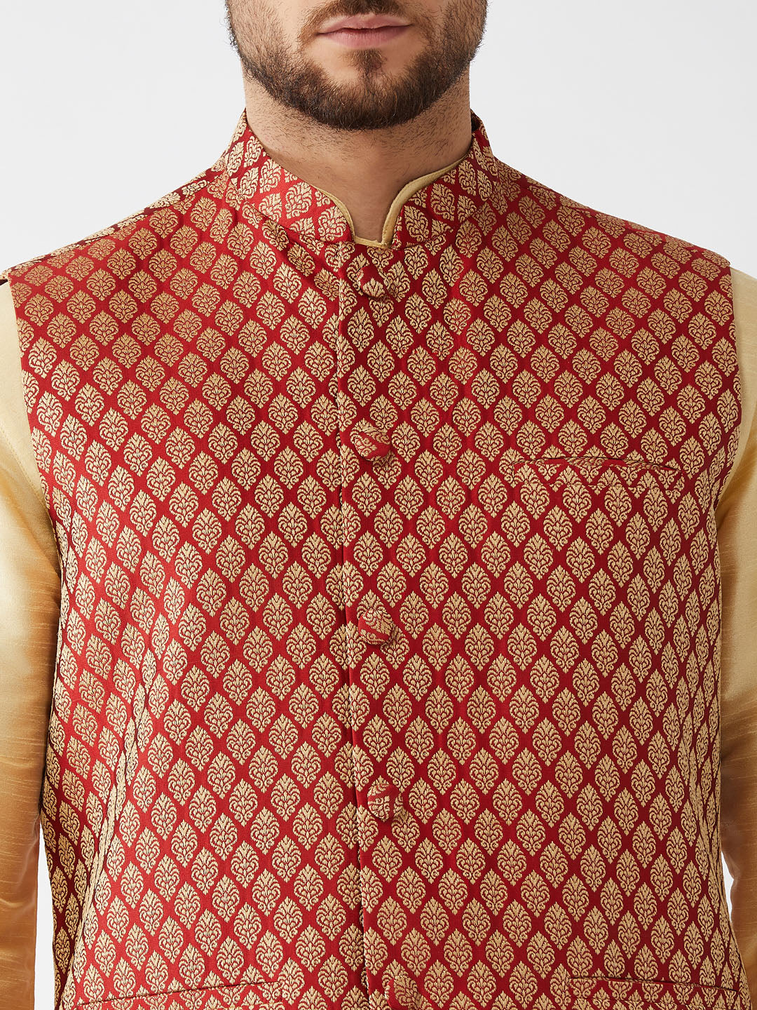 Men's Gold And Maroon Silk Blend Jacket, Kurta and Pyjama Set