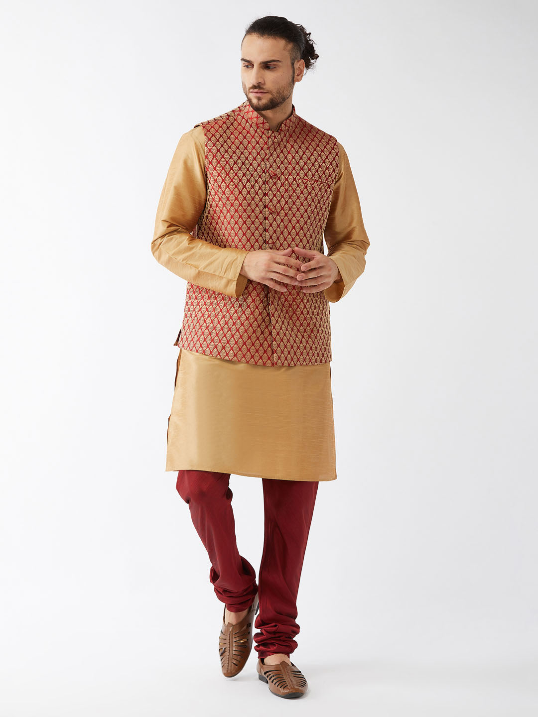 Men's Rose Gold And Maroon Silk Blend Jacket, Kurta and Pyjama Set