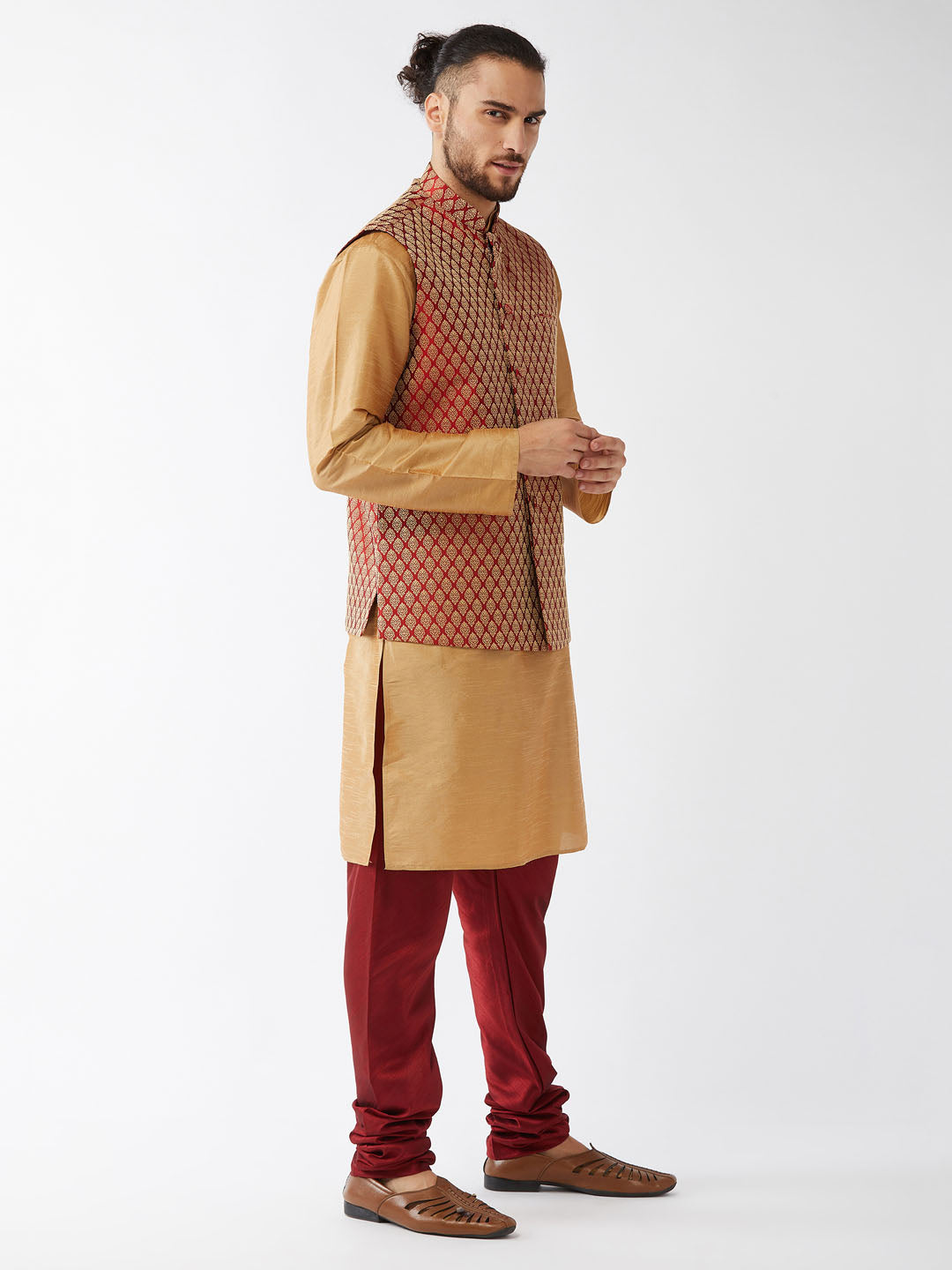 Men's Rose Gold And Maroon Silk Blend Jacket, Kurta and Pyjama Set