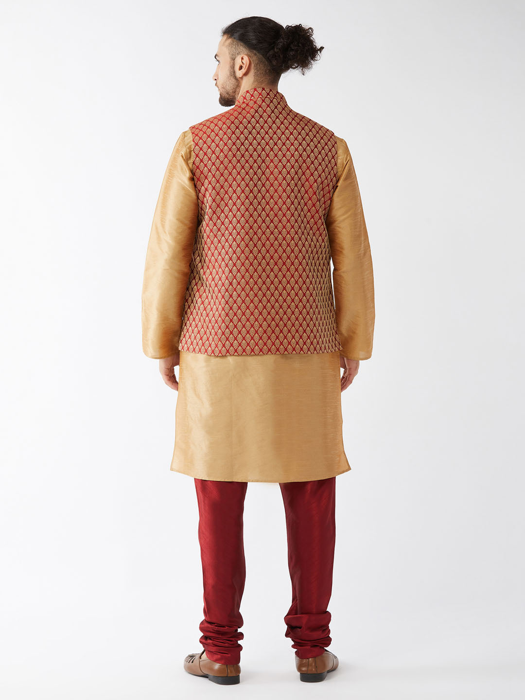 Men's Rose Gold And Maroon Silk Blend Jacket, Kurta and Pyjama Set