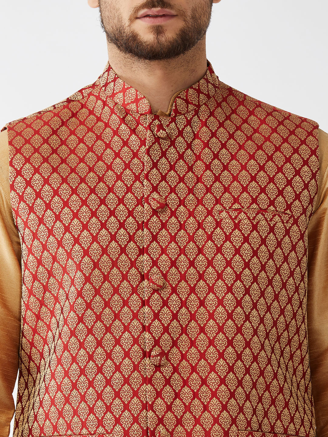 Men's Rose Gold And Maroon Silk Blend Jacket, Kurta and Pyjama Set