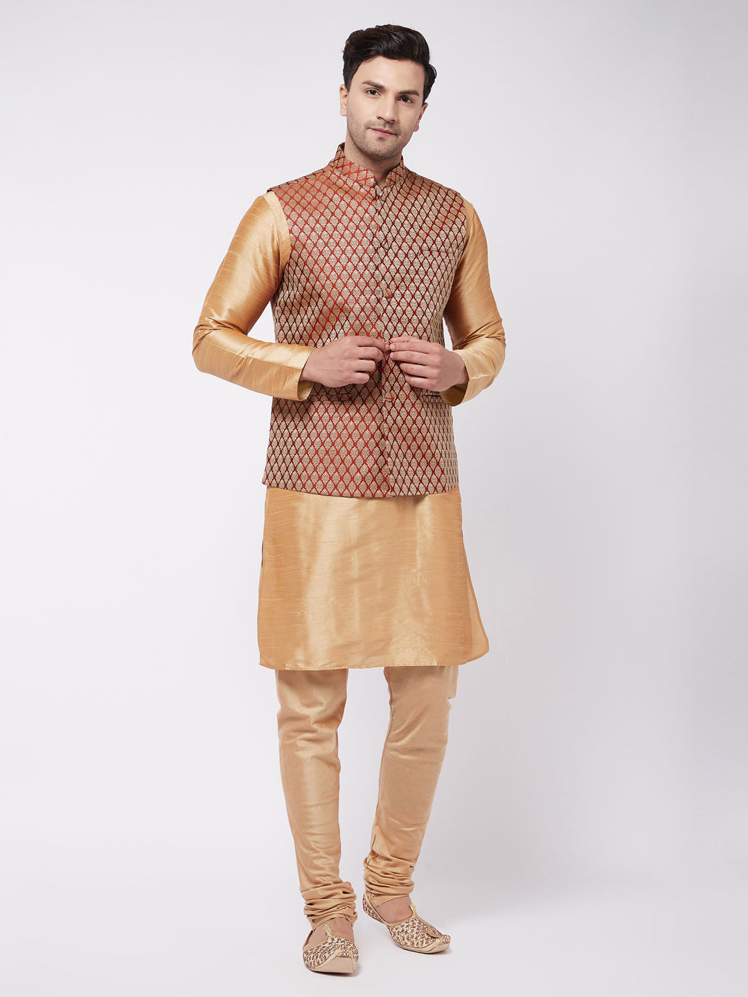 Men's Rose Gold Silk Blend Jacket, Kurta and Pyjama Set