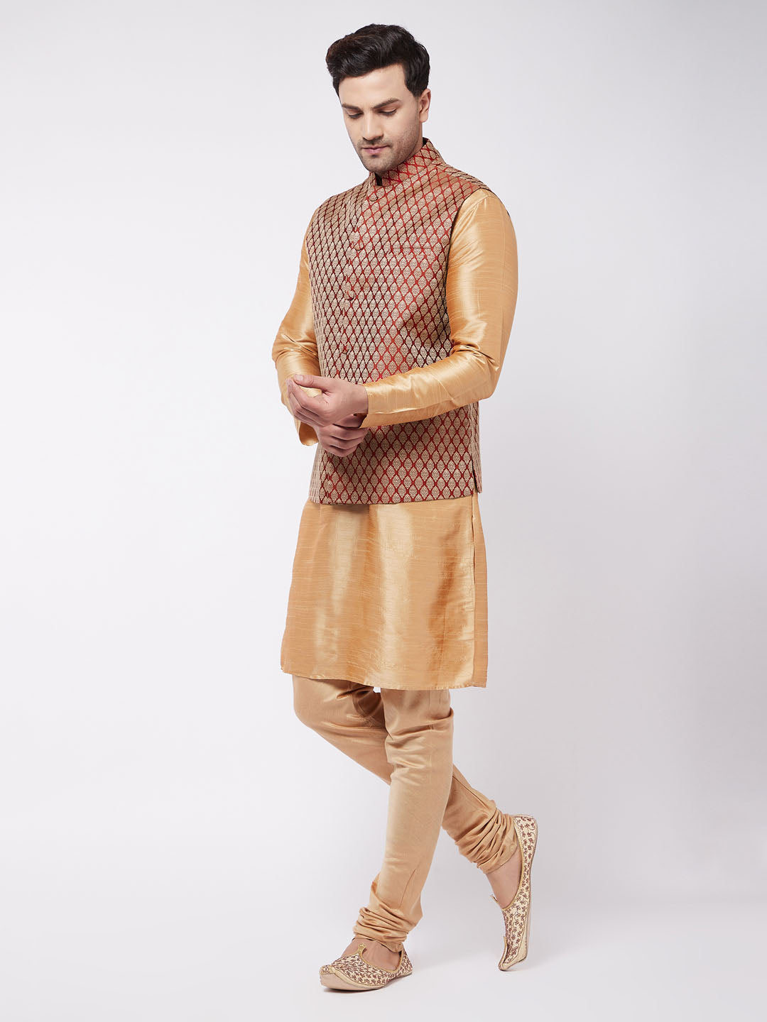 Men's Rose Gold Silk Blend Jacket, Kurta and Pyjama Set