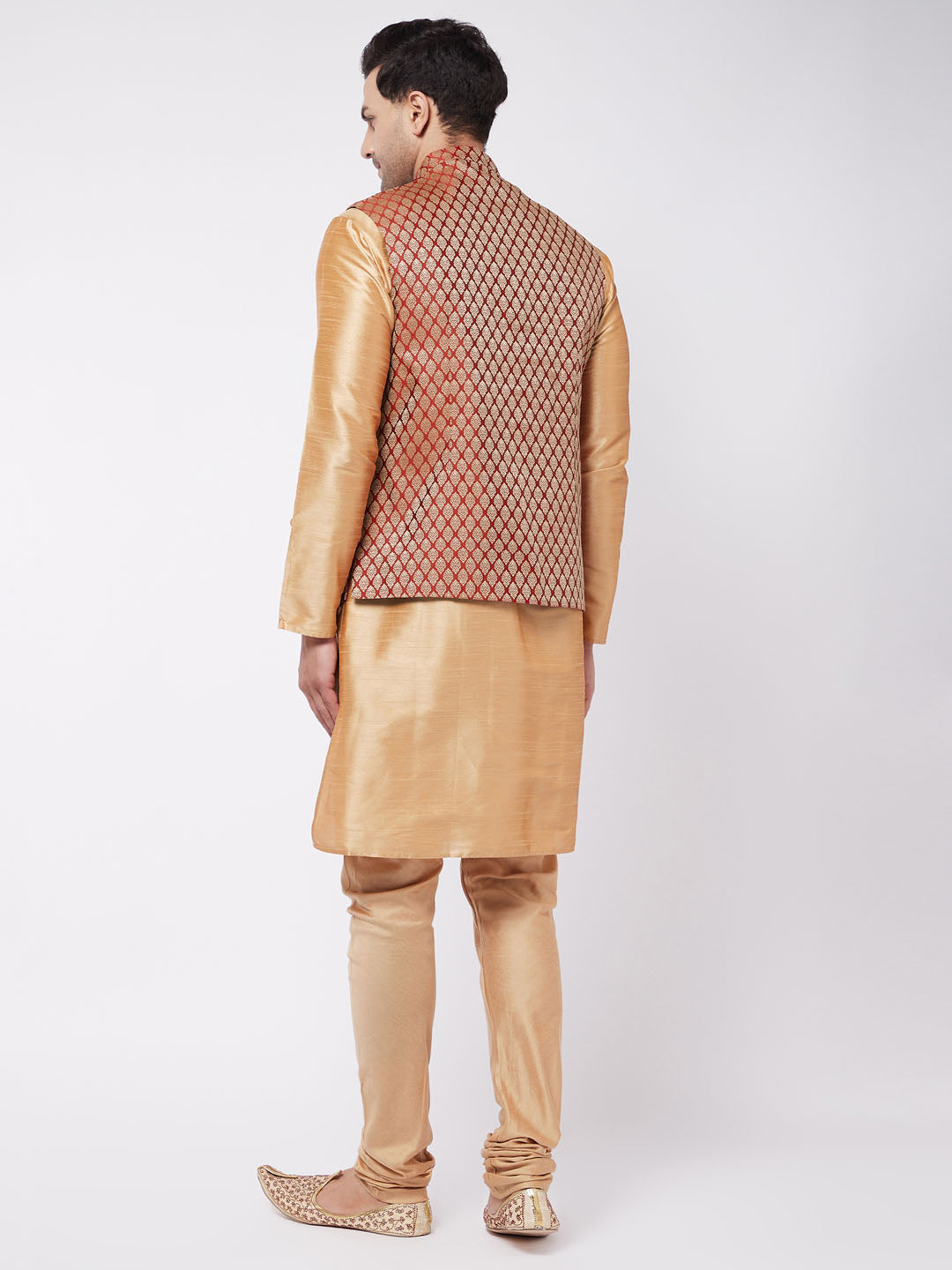 Men's Rose Gold Silk Blend Jacket, Kurta and Pyjama Set