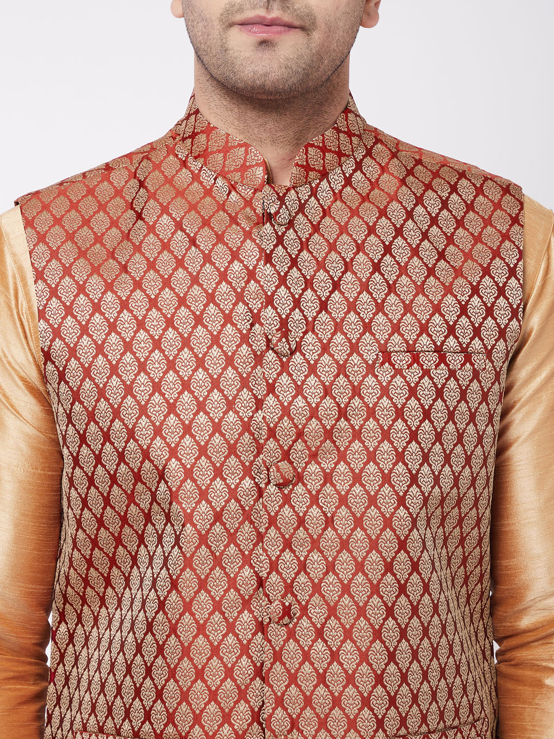 Men's Rose Gold Silk Blend Jacket, Kurta and Pyjama Set