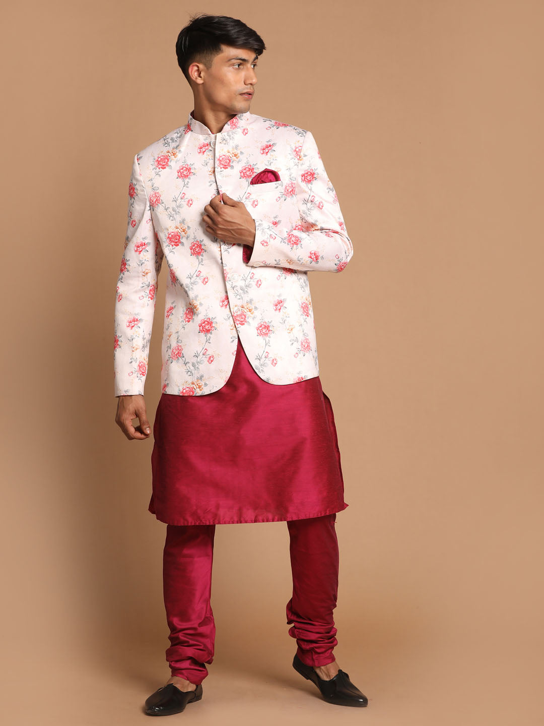 Men's Peach And Pink Poly viscose Ethnic Combo Set