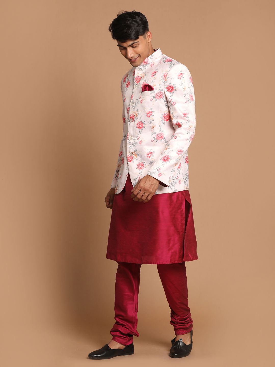 Men's Peach And Pink Poly viscose Ethnic Combo Set