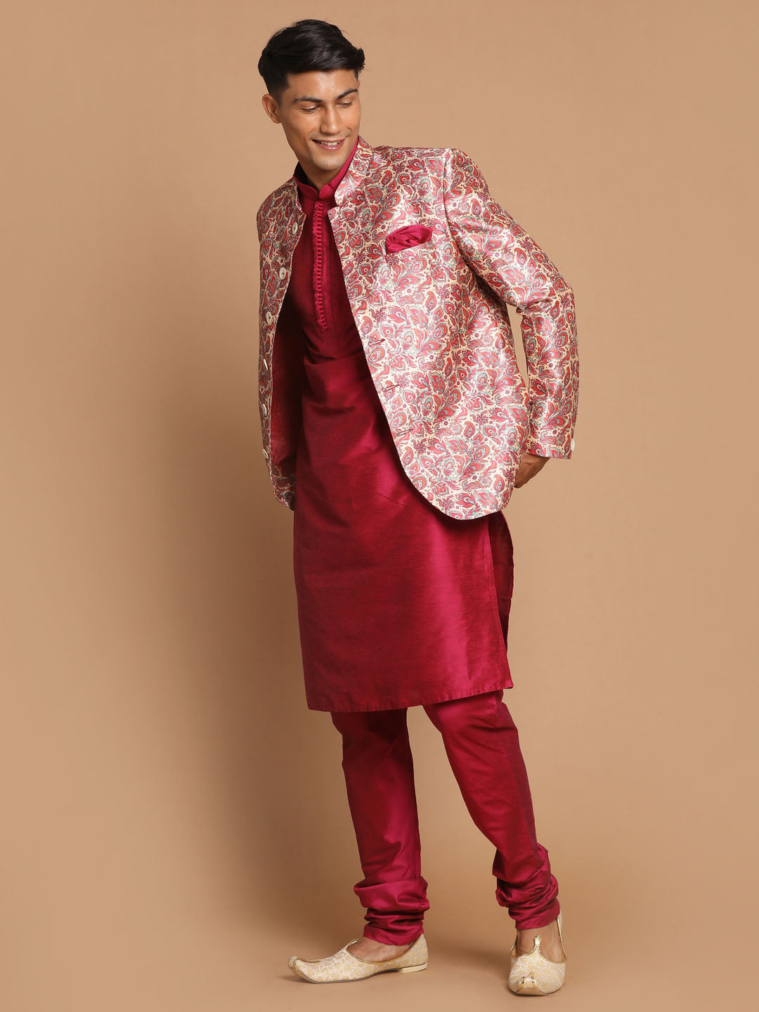 Men's Pink Poly viscose Ethnic Combo Set