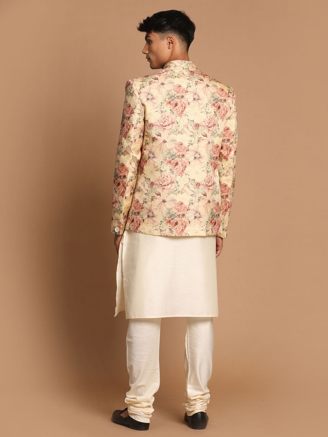 Men's Cream And Brown Viscose Jacket, Kurta and Pyjama Set