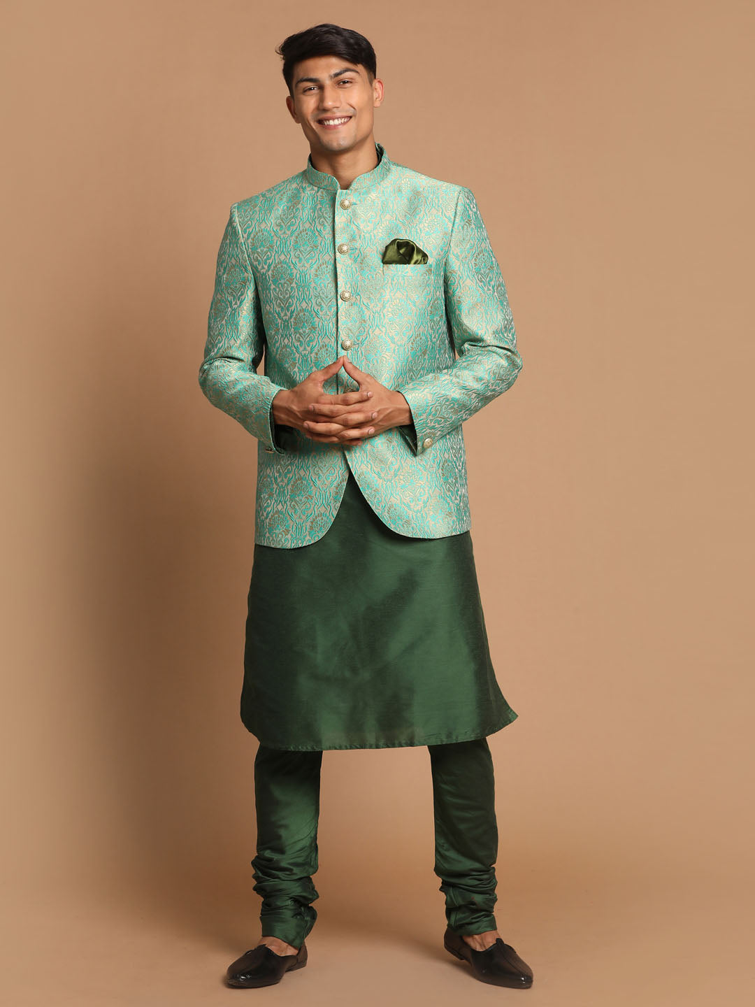 Men's Green Poly viscose Ethnic Combo Set