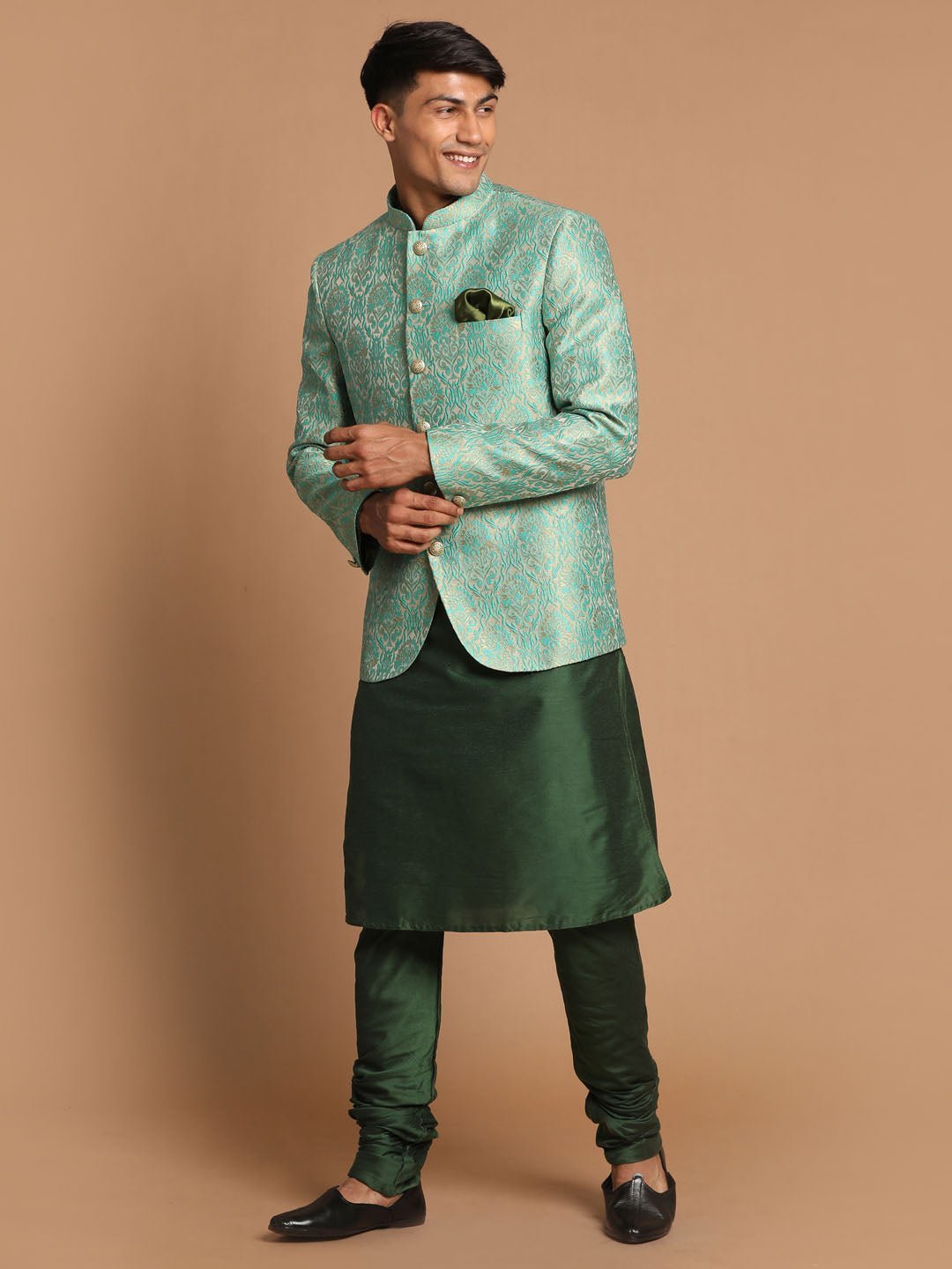 Men's Green Poly viscose Ethnic Combo Set