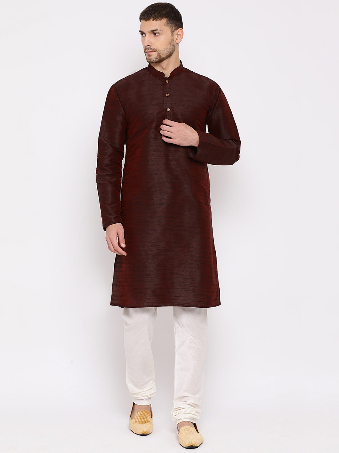 Men's Wine Silk Blend Kurta Pyjama Set